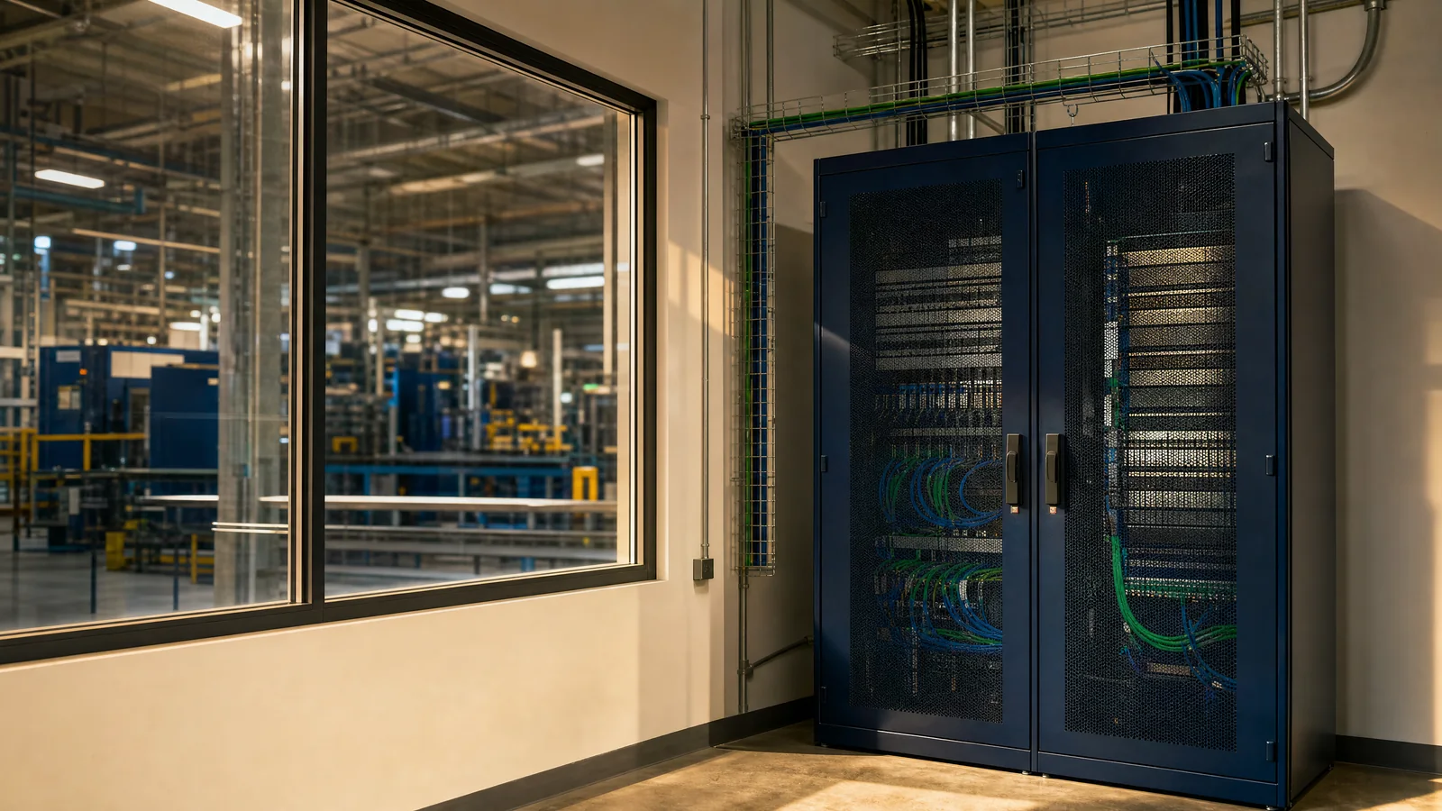 Illustrative industrial IT room with enclosed network cabinets and a factory visible through glass